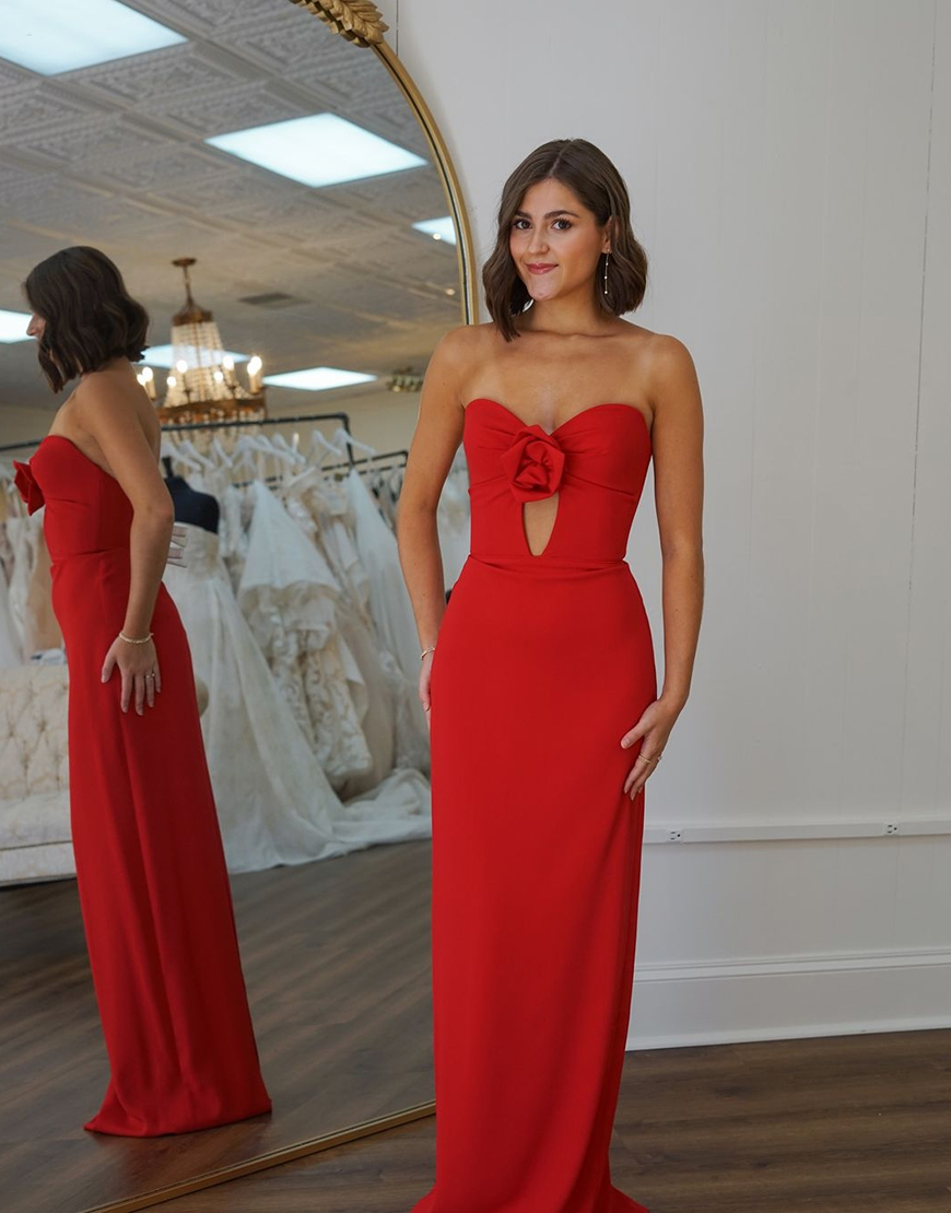 Red Mermaid Strapless Flower Hollow Out Satin Long Prom Dress