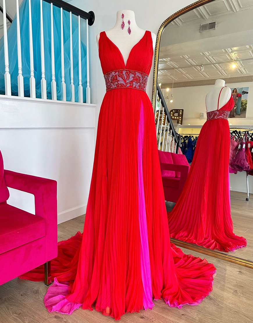 Sparkly Red A-Line Beaded Empire V Neck Long Prom Dress with Slit