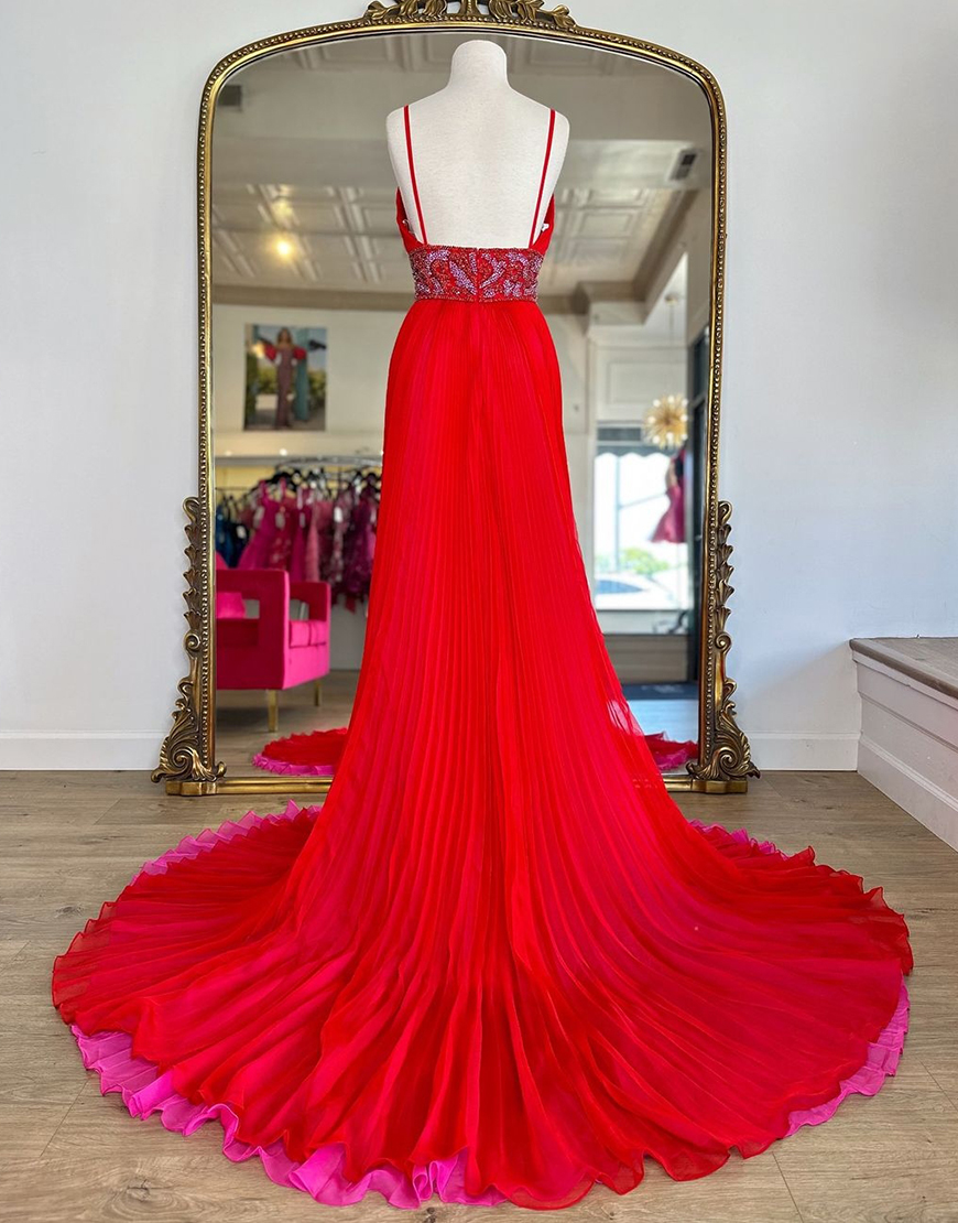 Sparkly Red A-Line Beaded Empire V Neck Long Prom Dress with Slit