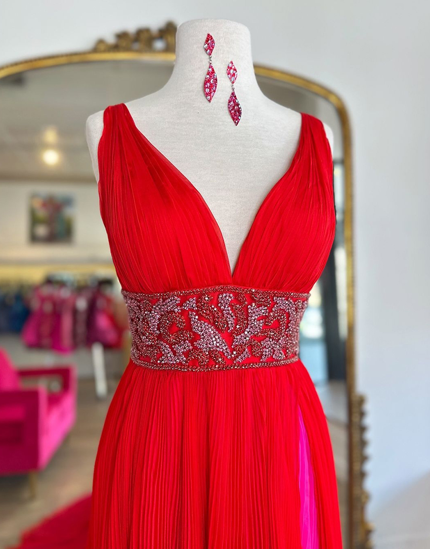 Sparkly Red A-Line Beaded Empire V Neck Long Prom Dress with Slit