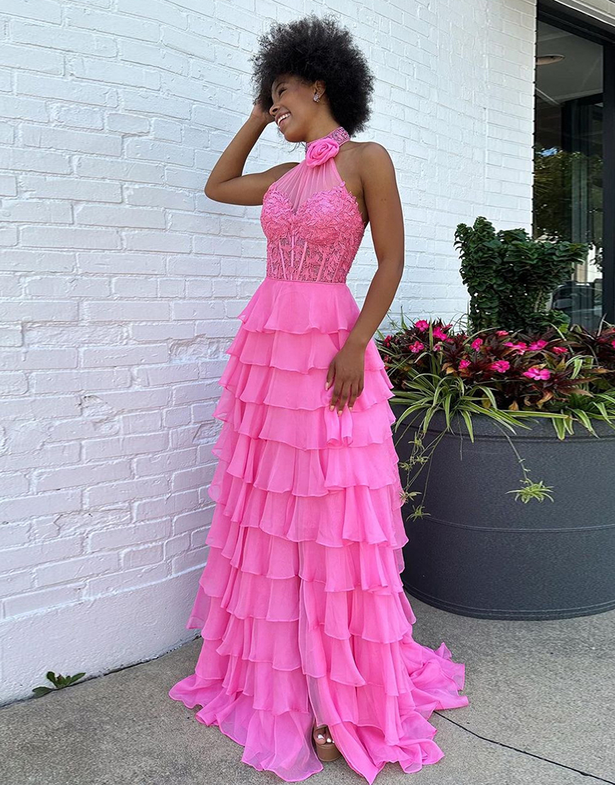 Sparkly Hot Pink A-Line Halter Flower Appliques Tiered Long Prom Dress with Slit