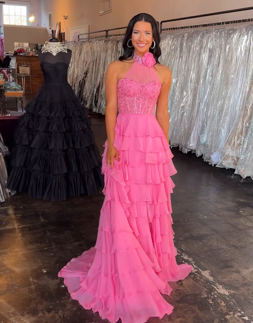 Sparkly Hot Pink A-Line Flower Halter Corset Tiered Long Prom Dress with Slit