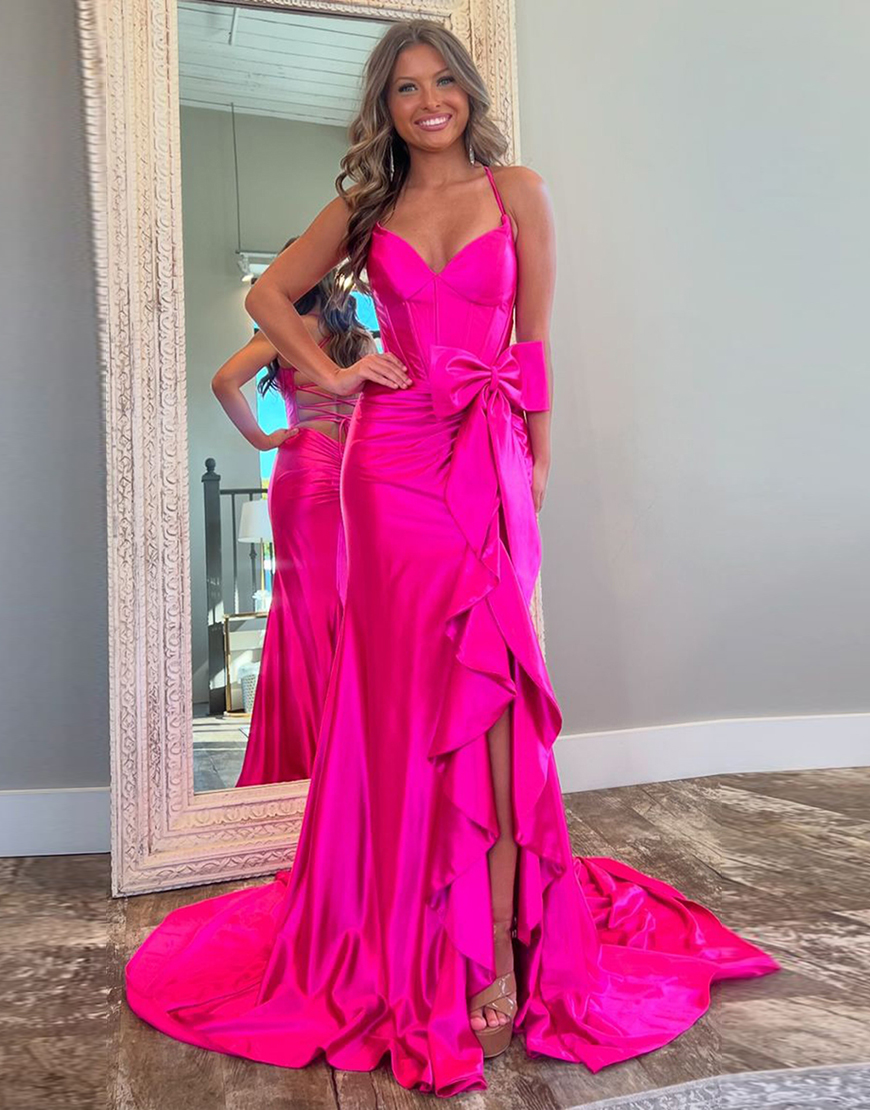 Hot Pink Mermaid Spaghetti Straps Corset Satin Bow Long Prom Dress with Slit