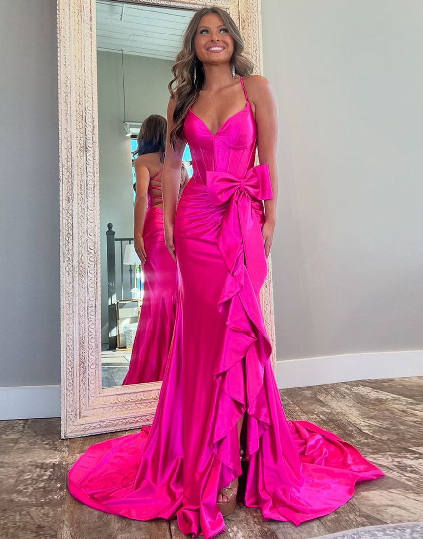 Hot Pink Mermaid Spaghetti Straps Corset Satin Bow Long Prom Dress with Slit