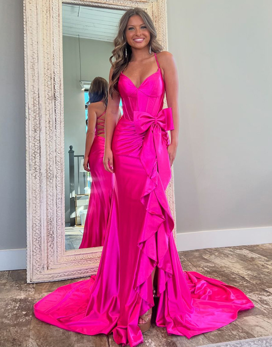 Hot Pink Mermaid Spaghetti Straps Corset Satin Bow Long Prom Dress with Slit