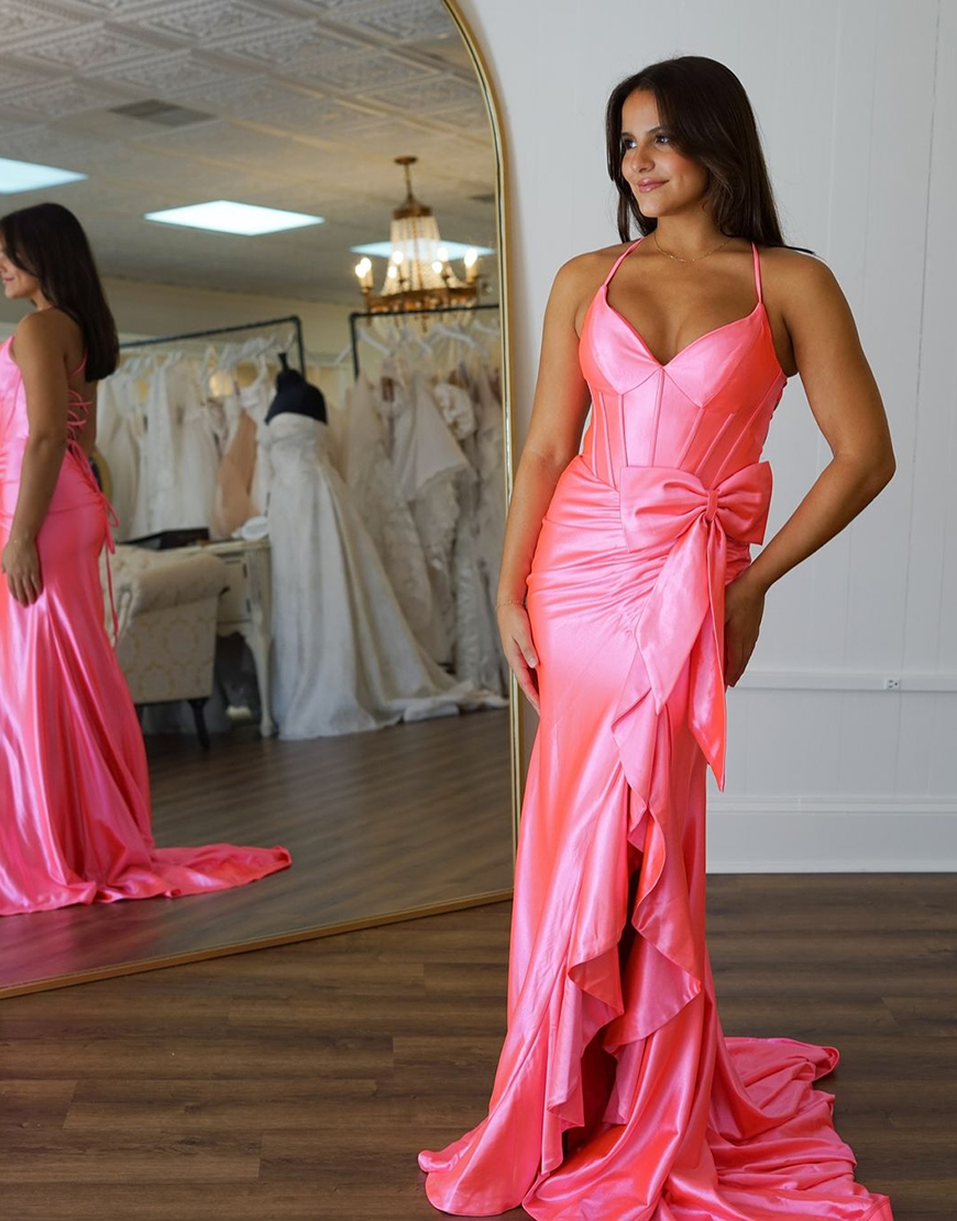 Hot Pink Mermaid Spaghetti Straps Corset Satin Bow Long Prom Dress with Slit