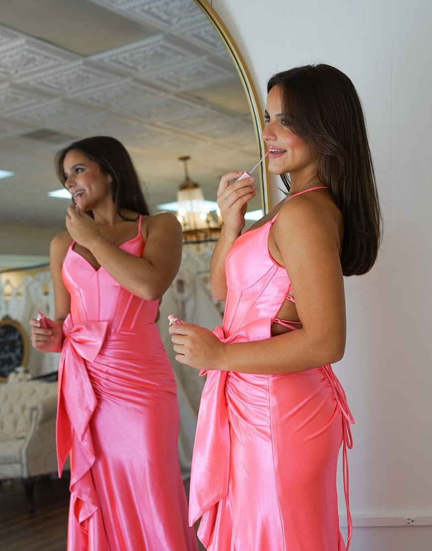 Hot Pink Mermaid Spaghetti Straps Corset Satin Bow Long Prom Dress with Slit