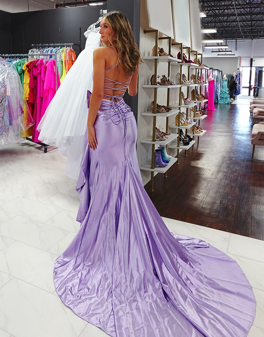 Hot Pink Mermaid Spaghetti Straps Corset Satin Bow Long Prom Dress with Slit