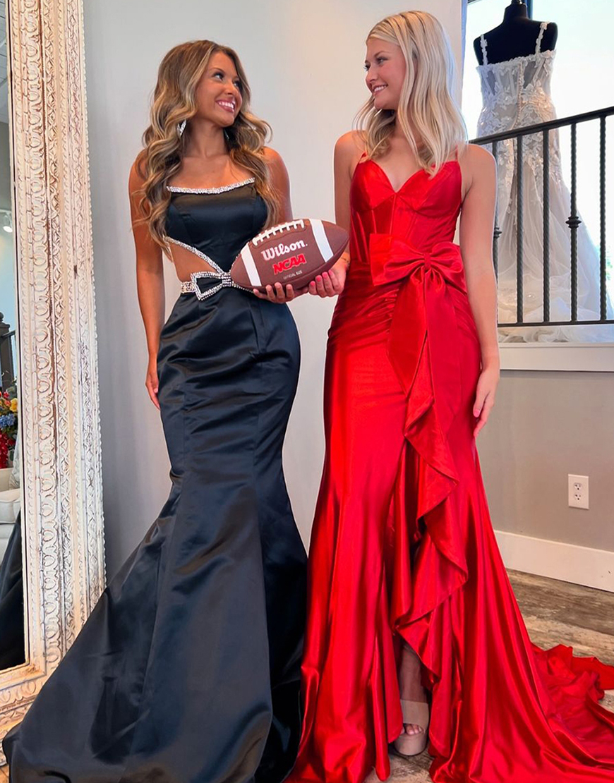 Hot Pink Mermaid Spaghetti Straps Corset Satin Bow Long Prom Dress with Slit