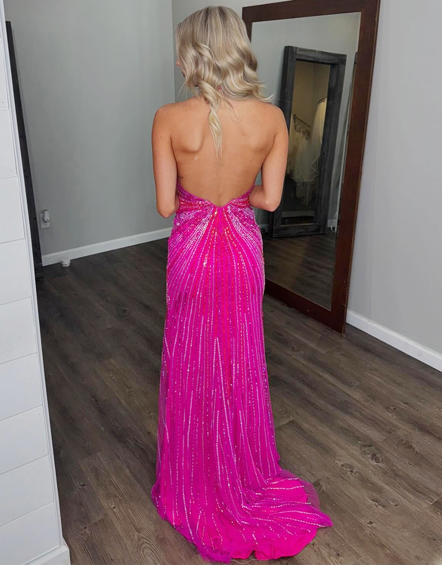 Sparkly Fuchsia Mermaid Halter Plunging V Beading Long Prom Dress with Slit