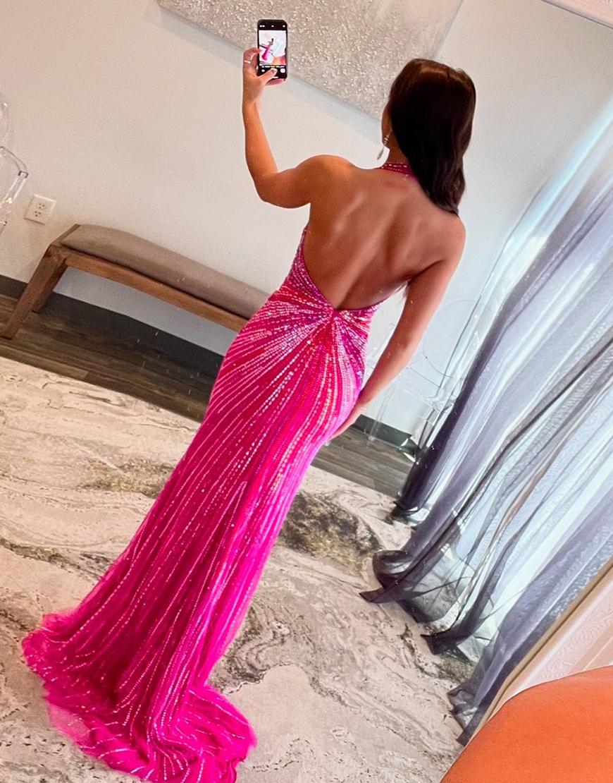 Sparkly Fuchsia Mermaid Halter Beading Long Prom Dress with Slit