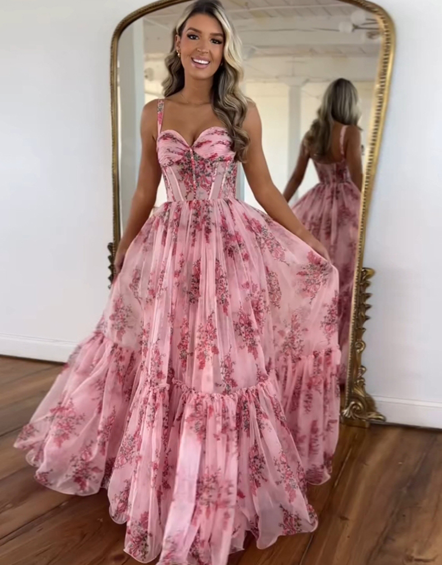 Blush A-Line Floral Spaghetti Straps Corset Tulle Ruffle Long Prom Dress