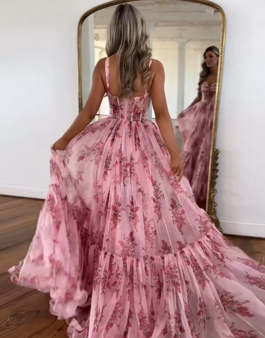 Blush A-Line Floral Spaghetti Straps Corset Tulle Ruffle Long Prom Dress