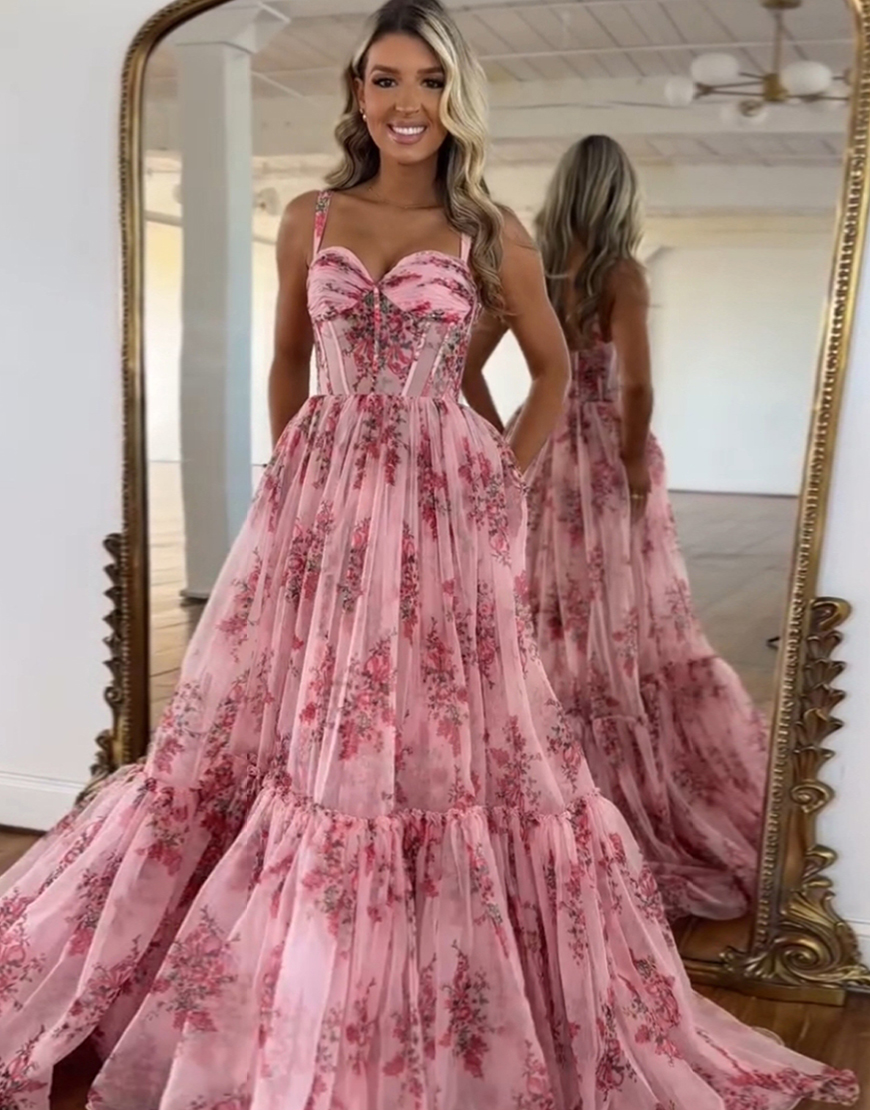 Blush A-Line Floral Spaghetti Straps Corset Tulle Ruffle Long Prom Dress