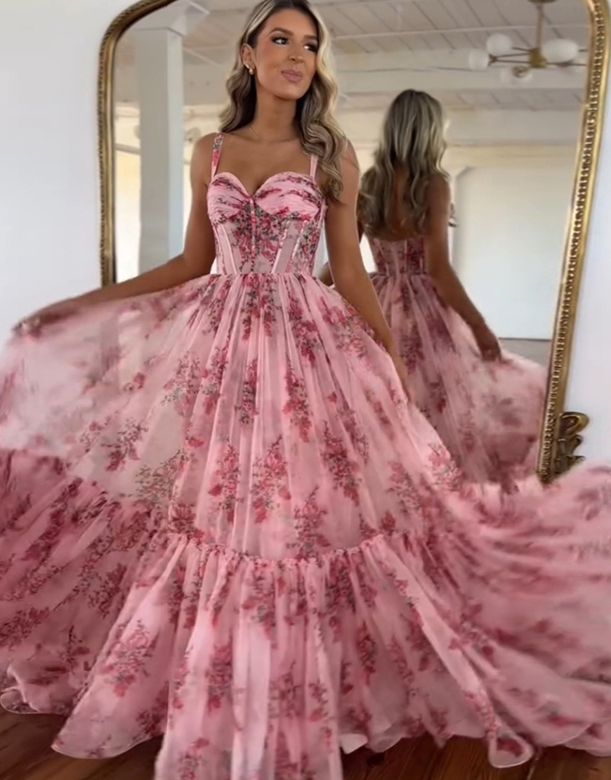 Blush A-Line Floral Spaghetti Straps Corset Tulle Ruffle Long Prom Dress