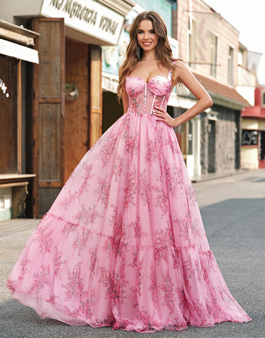 Blush Flower A-Line Wide Straps Corset Tulle Long Prom Dress