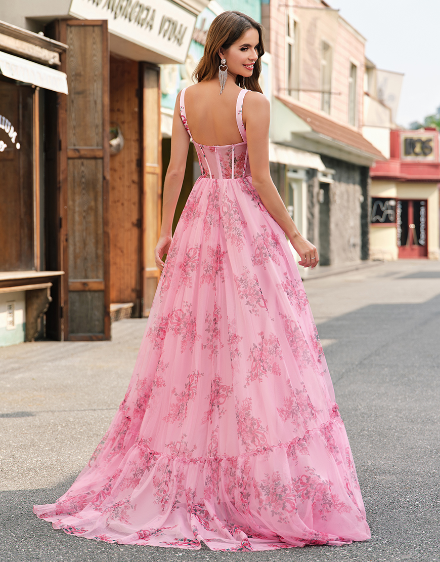 Blush Flower A-Line Wide Straps Corset Tulle Long Prom Dress