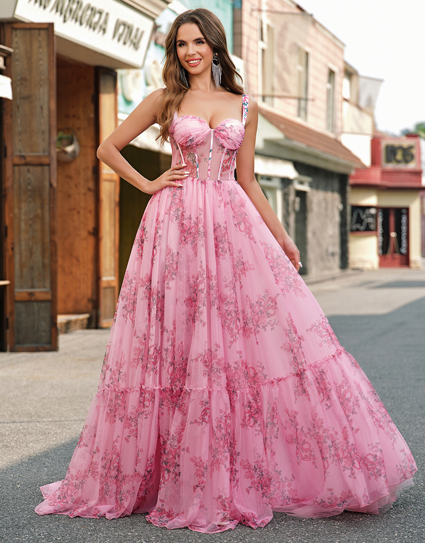 Blush Flower A-Line Wide Straps Corset Tulle Long Prom Dress
