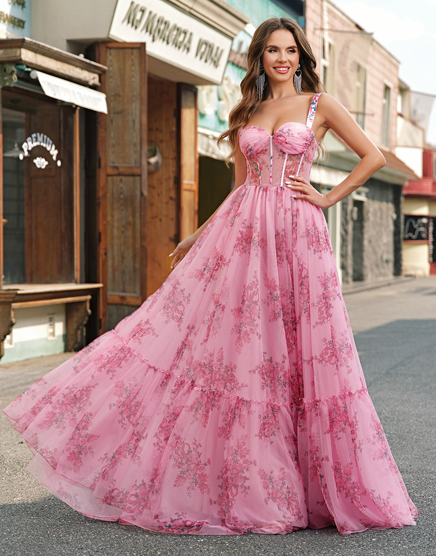Blush Flower A-Line Wide Straps Corset Tulle Long Prom Dress