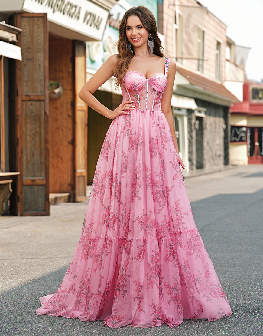 Blush Flower A-Line Wide Straps Corset Tulle Long Prom Dress