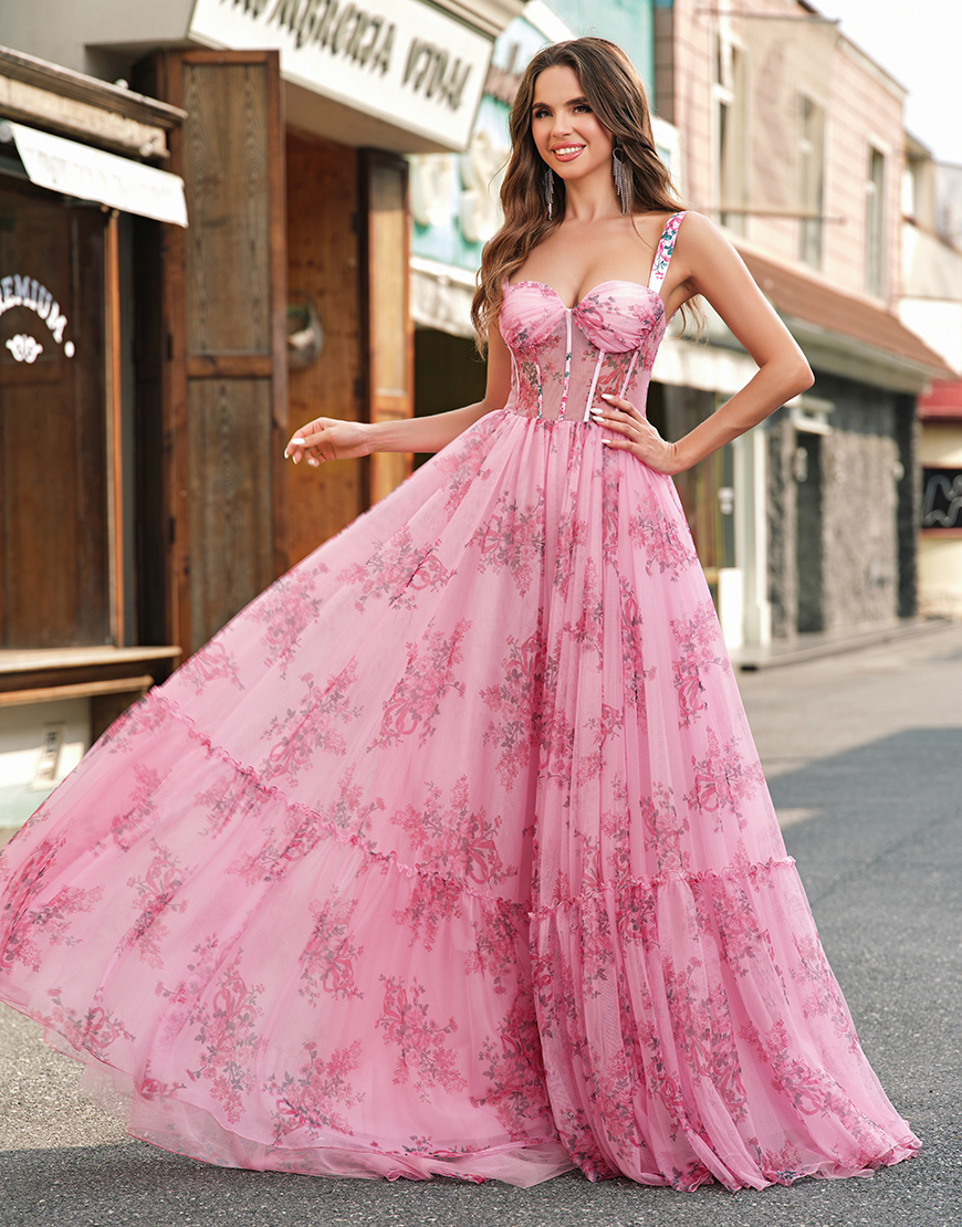 Blush Flower A-Line Wide Straps Corset Tulle Long Prom Dress