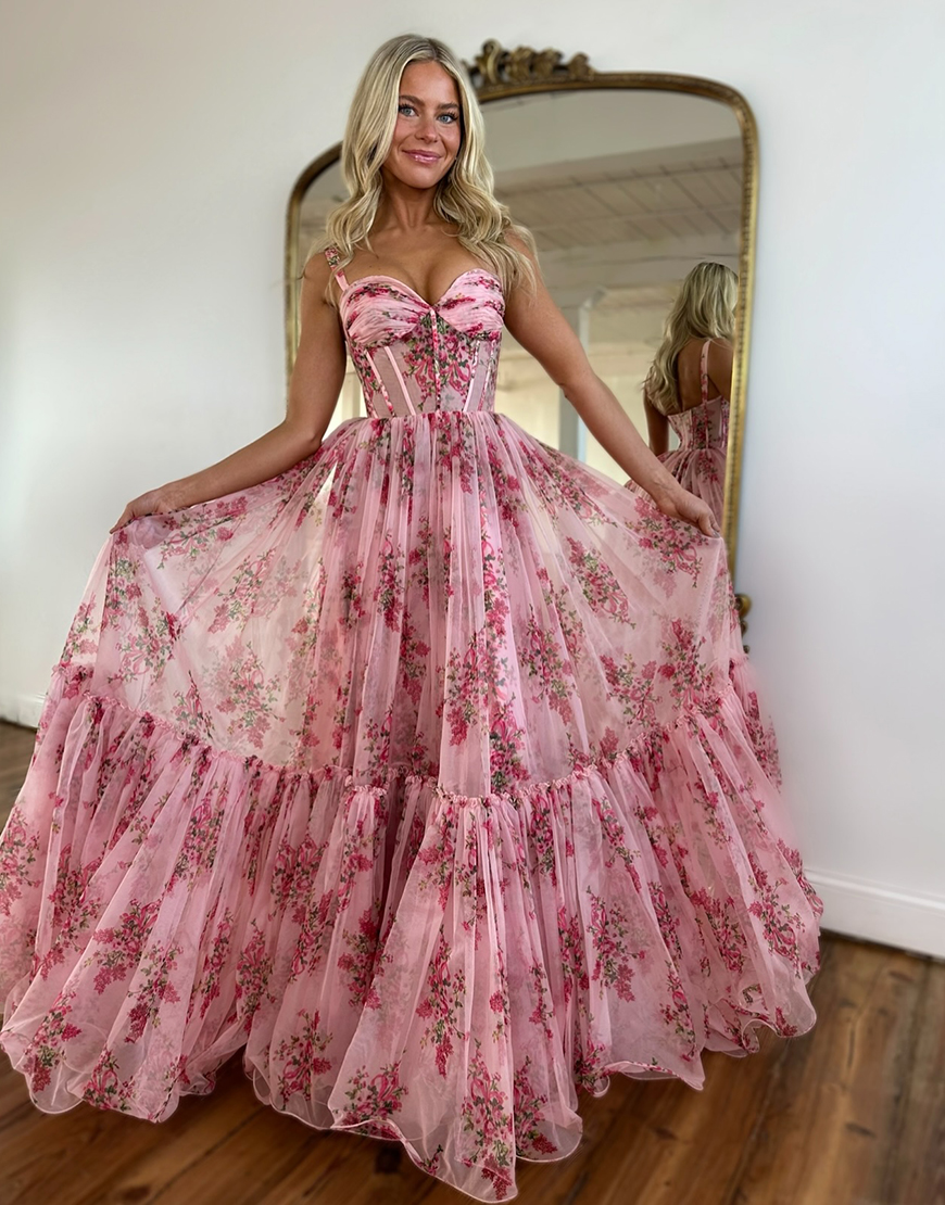 Blush A-Line Floral Spaghetti Straps Tulle Corset Ruffled Long Prom Dress
