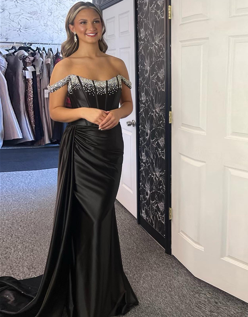 Sparkly Black Mermaid Off the Shoulder Beaded Corset Satin Long Prom Dress