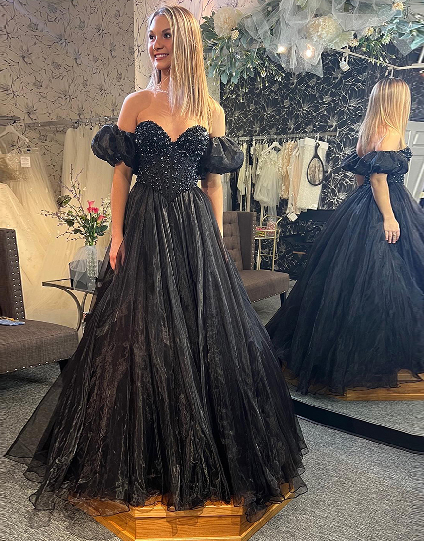 Sparkly Black A-Line Off the Shoulder Corset Beaded Tulle Long Prom Dress