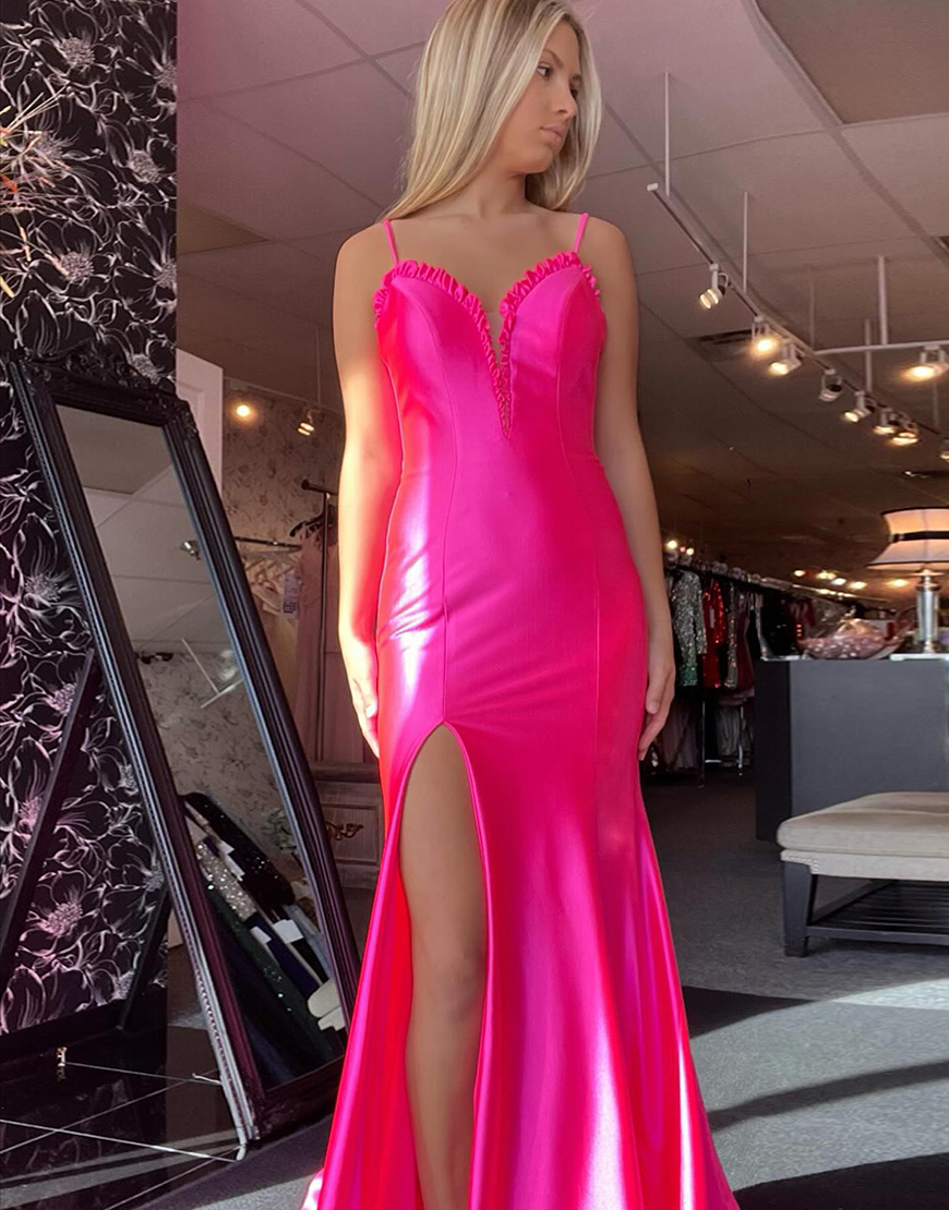 Fuchsia Mermaid Spaghetti Straps Satin Ruffle Long Prom Dress with Slit