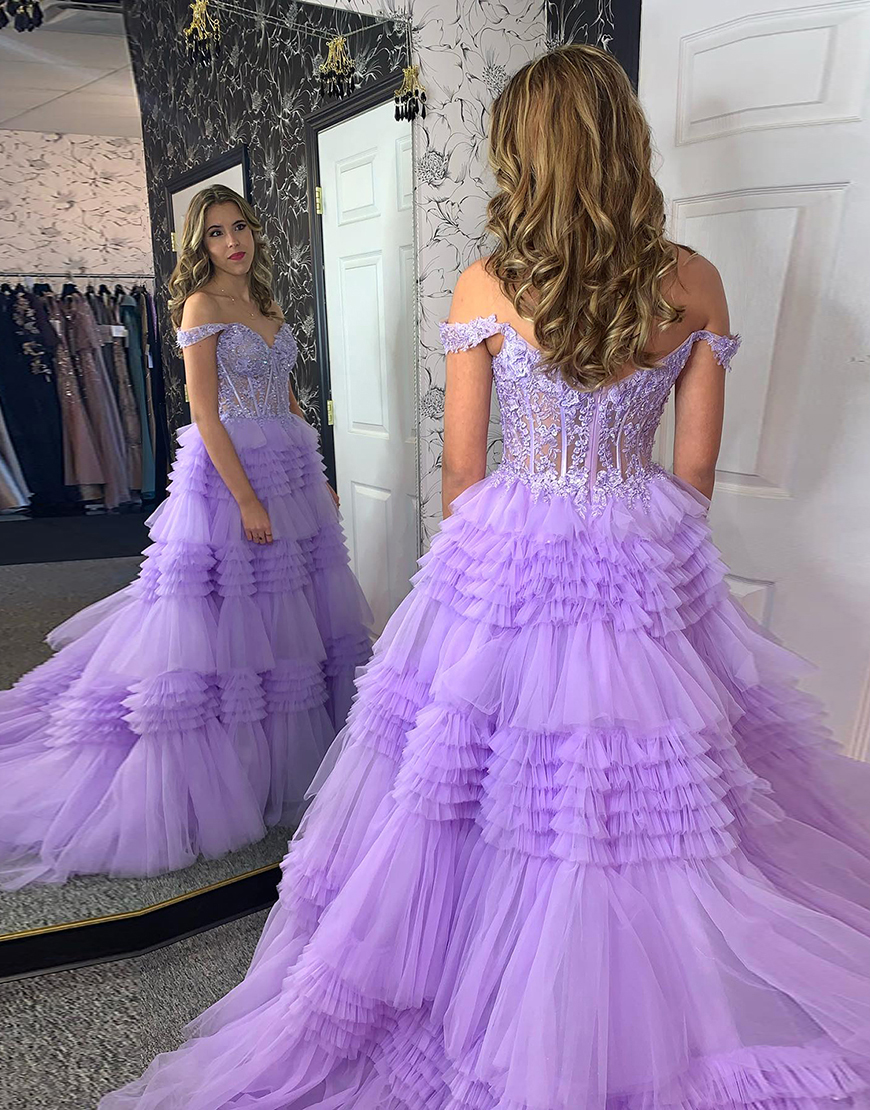 Sparkly Lilac A-Line Off the Shoulder Corset Ruffles Long Prom Dress