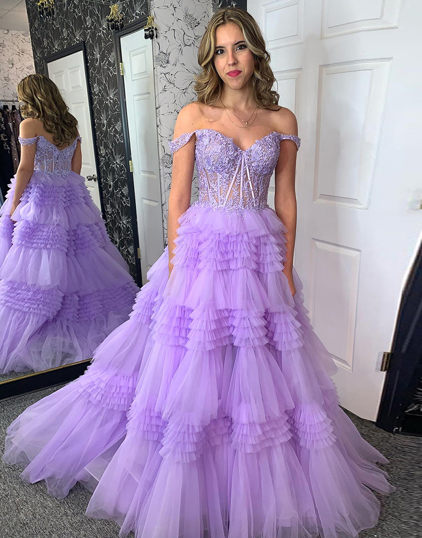 Sparkly Lilac A-Line Off the Shoulder Corset Ruffles Long Prom Dress
