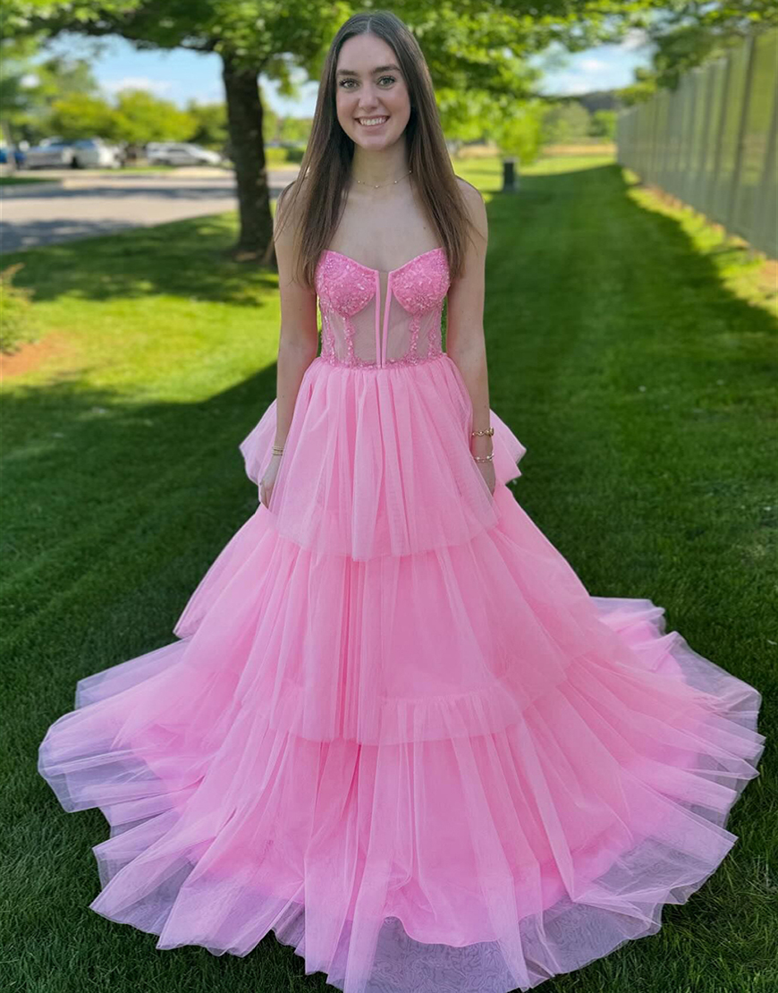 Sparkly A-Line Spaghetti Straps Corset Ruffles Tulle Long Prom Dress