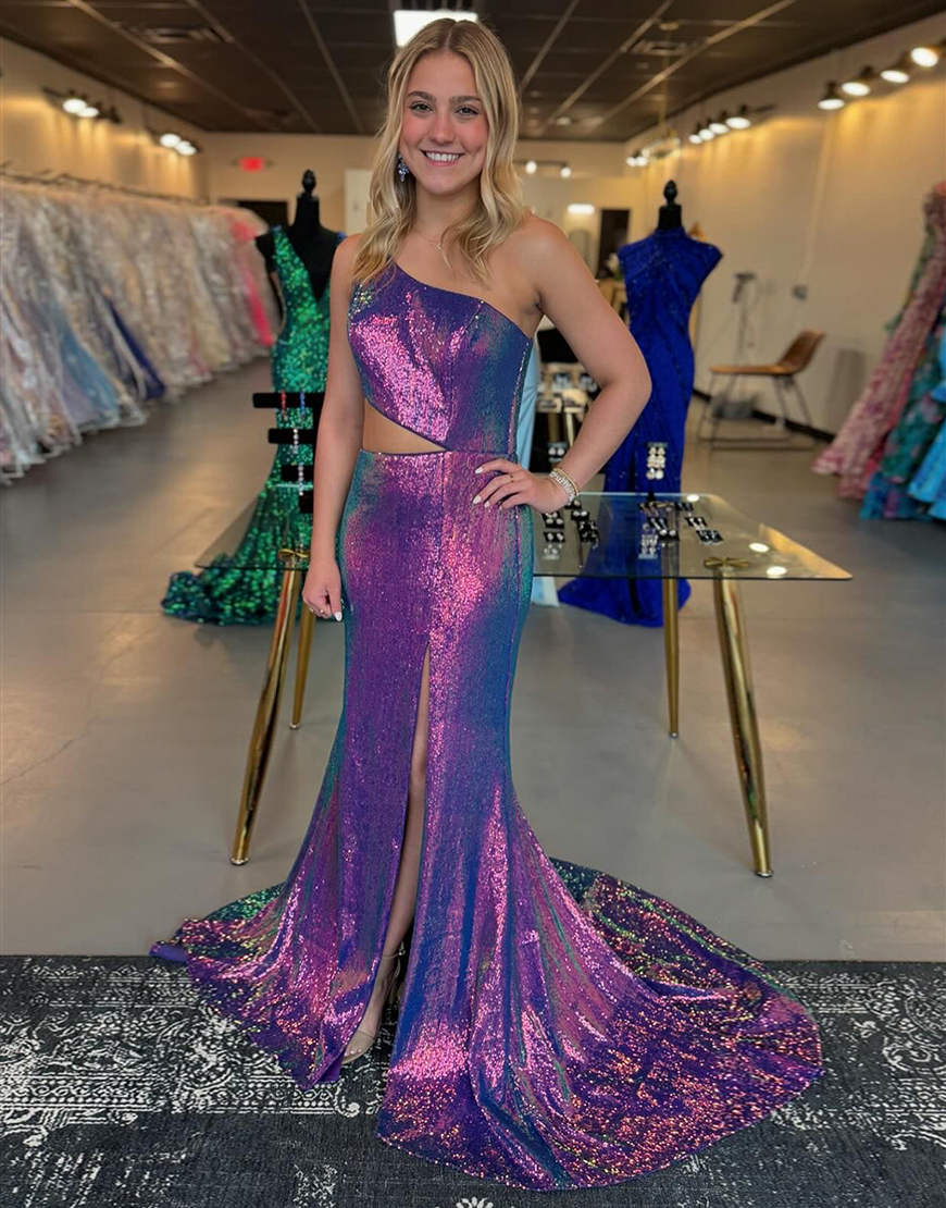 Sparkly Purple Mermaid One Shoulder Sequins Long Prom Dress with Slit
