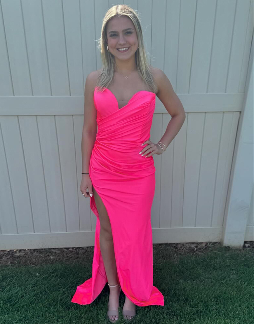 Hot Pink Mermaid Strapless Ruched Satin Long Prom Dress with Slit