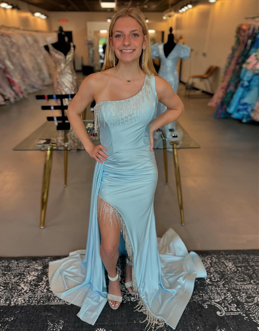 Sparkly Light Blue Mermaid One Shoulder Tassels Long Prom Dress with Slit