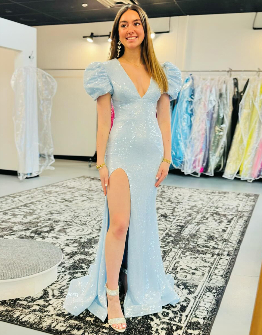 Sparkly Blue Mermaid Puff Sleeves Sequins Long Prom Dress with Slit