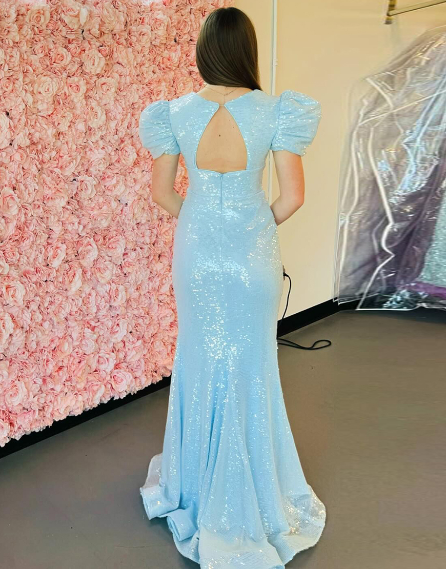 Sparkly Blue Mermaid Puff Sleeves Sequins Long Prom Dress with Slit