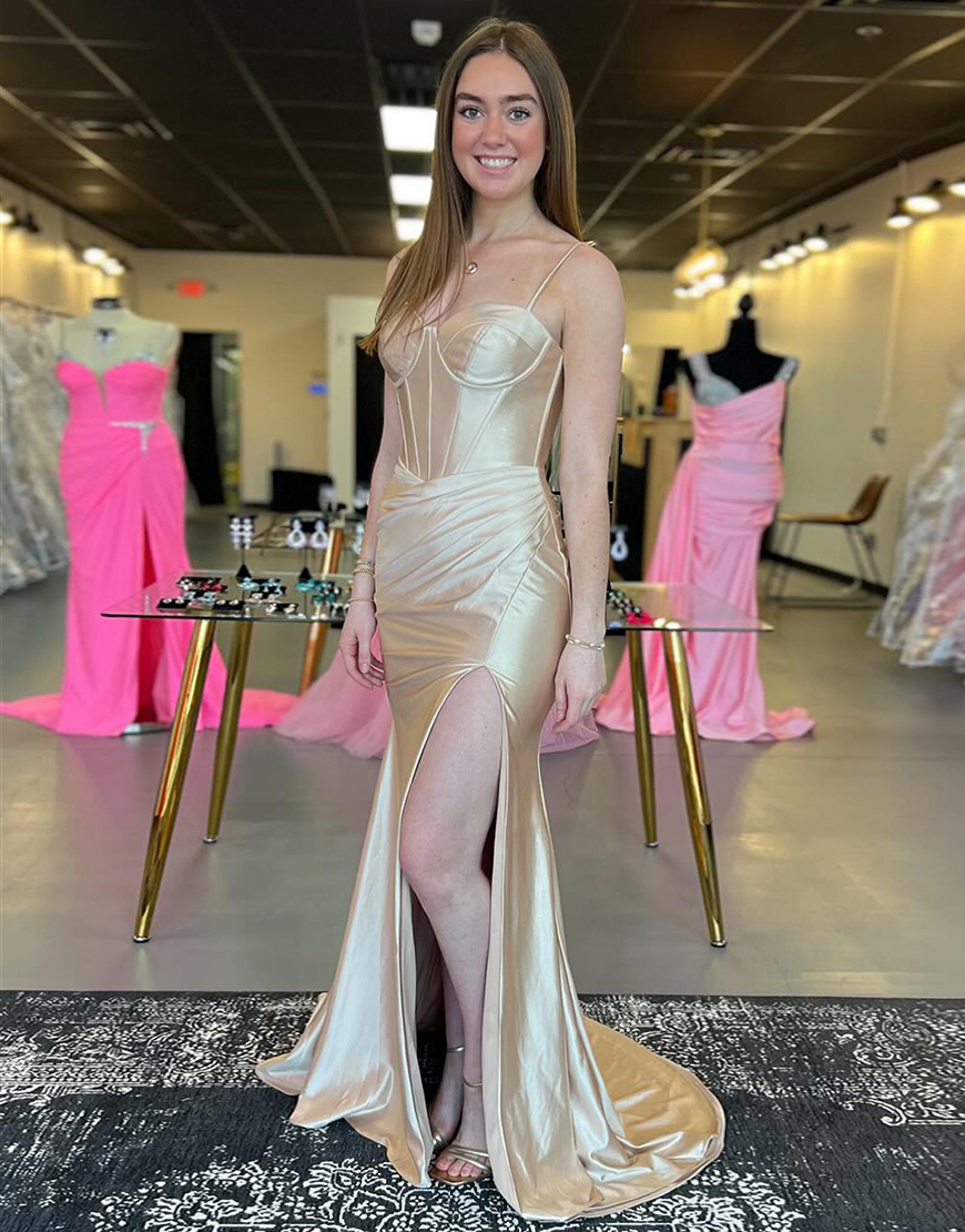 Champagne Mermaid Spaghetti Straps Corset Ruched Satin Long Prom Dress with Slit