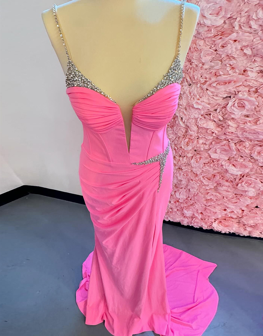 Sparkly Mermaid Fuchsia Spaghetti Straps Corset Beaded Satin Evening Dress