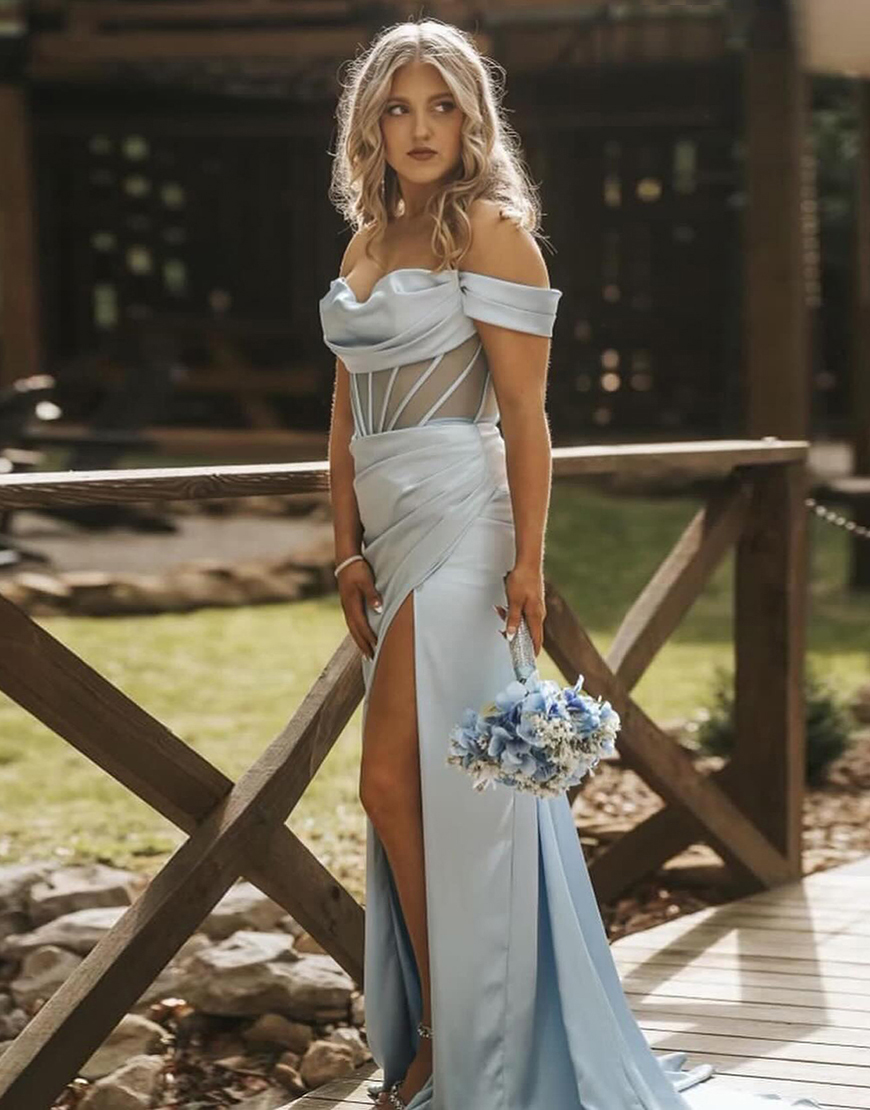 Grey Mermaid Off the Shoulder Corset Ruched Satin Long Prom Dress with Slit