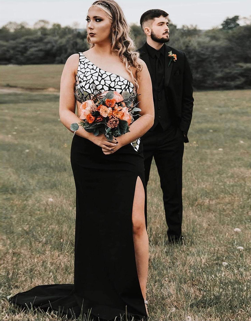 Sparkly Black Mermaid One Shoulder Mirror Satin Long Prom Dress with Slit