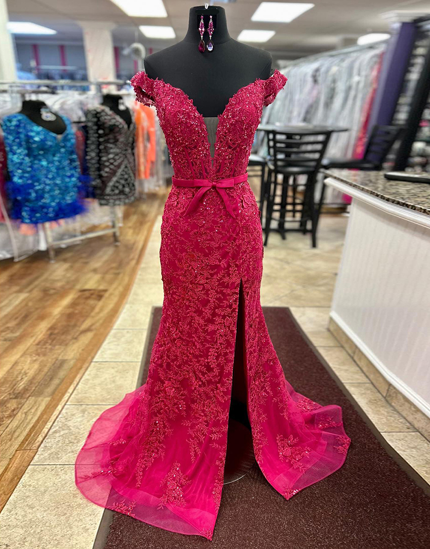 Sparkly Fuchsia Mermaid Off the Shoulder Corset Lace Long Prom Dress with Slit