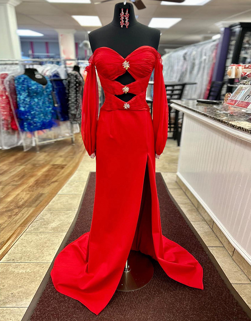 Sparkly Red Mermaid Off the Shoulder Long Sleeves Hollow Out Long Prom Dress with Slit