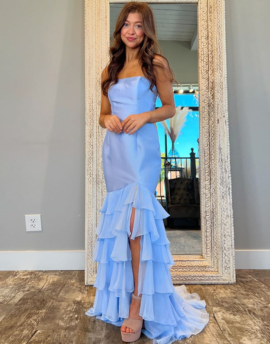 Blue Mermaid Strapless Ruffles Long Prom Dress with Slit 