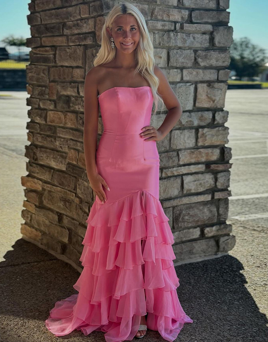 Blue Mermaid Strapless Ruffles Long Prom Dress with Slit 