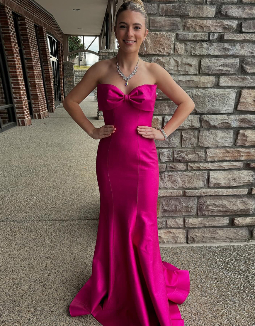 Fuchsia Mermaid Strapless Satin Long Prom Dress with Bow
