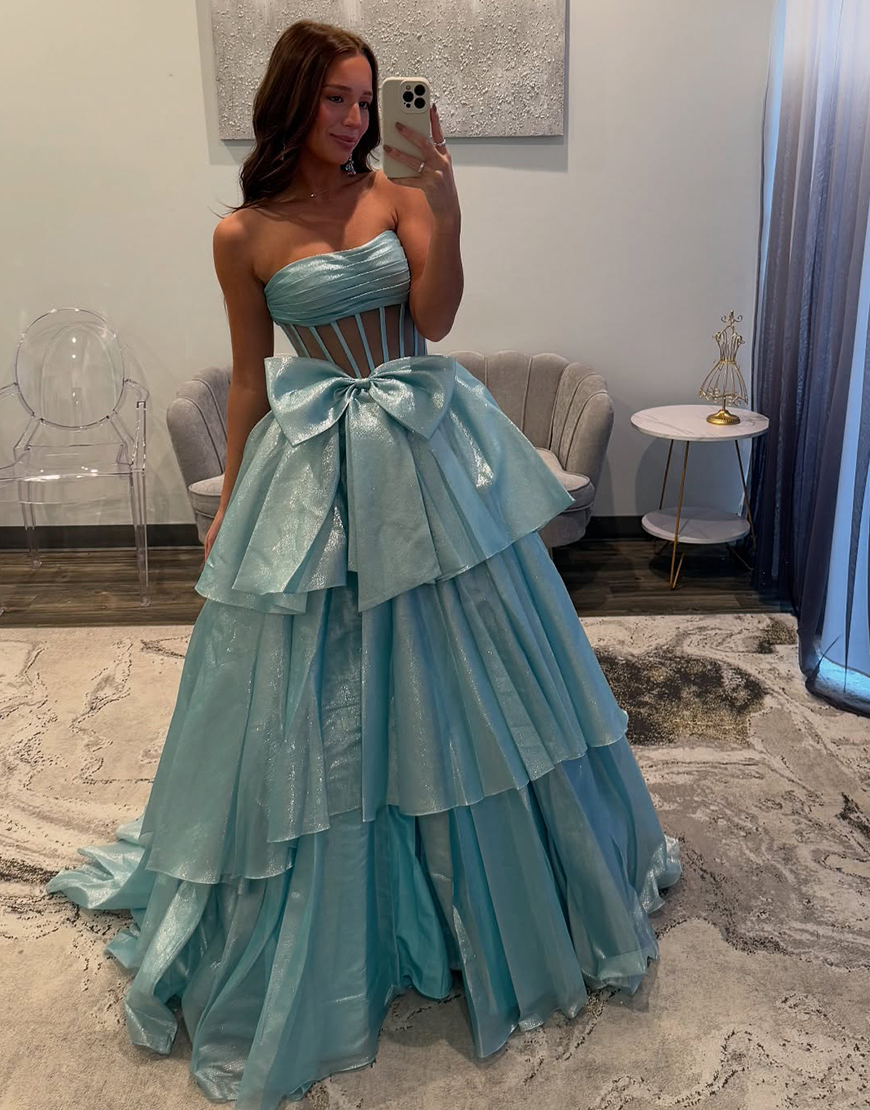 Fuchsia A-Line Strapless Corset Ruffle Tulle Long Prom Dress with Slit