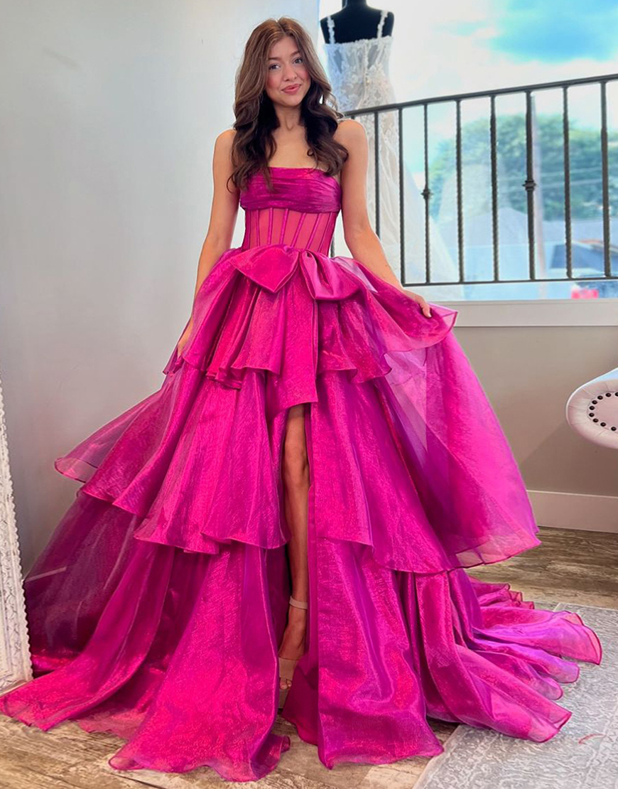 Fuchsia A-Line Strapless Corset Ruffle Tulle Long Prom Dress with Slit
