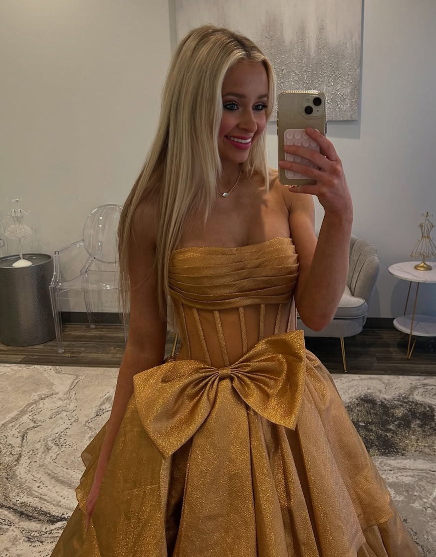 Fuchsia A-Line Strapless Corset Ruffle Tulle Long Prom Dress with Slit