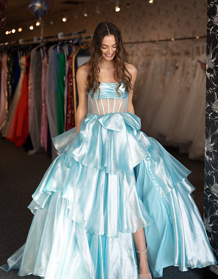 Light Blue A-Line Strapless Corset Ruffle Tulle Long Prom Dress with Slit